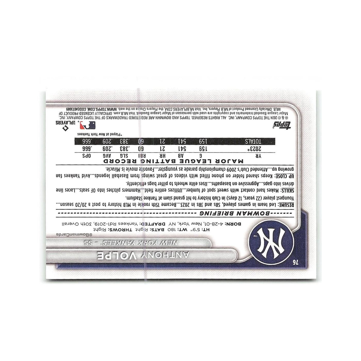 Anthony Volpe 2024 Bowman #76 New York Yankees Baseball Card NM