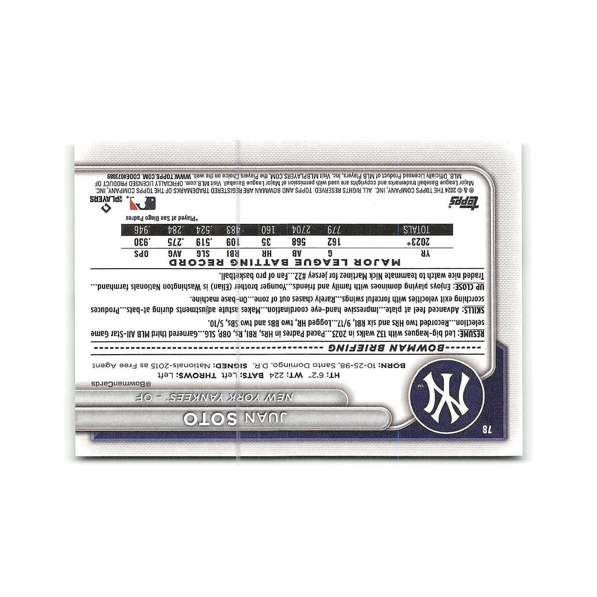 Juan Soto 2024 Bowman #78 New York Yankees Baseball Card NM