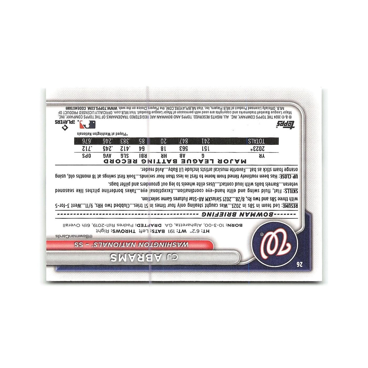 CJ Abrams 2024 Bowman #26 Washington Nationals Baseball Card NM