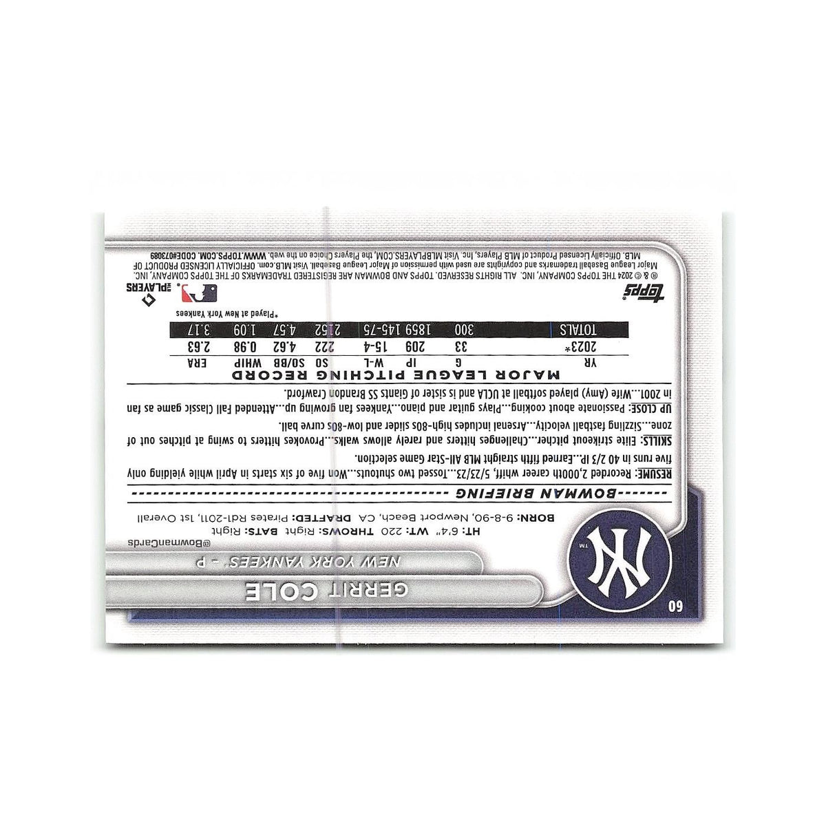 Gerrit Cole 2024 Bowman #60 New York Yankees Baseball Card NM