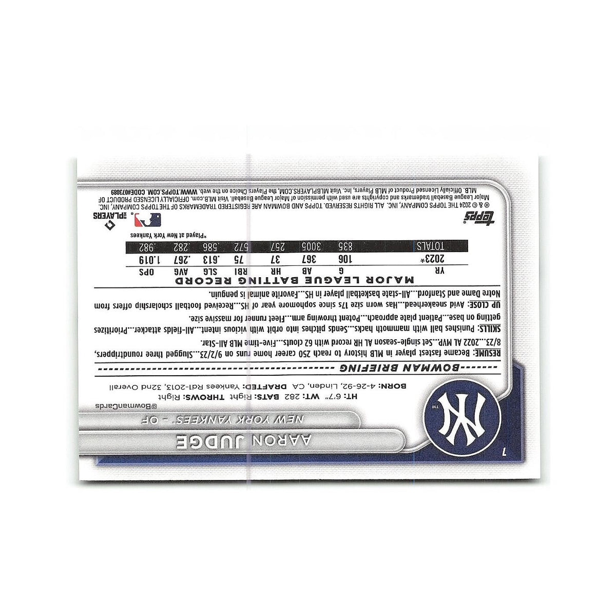 Aaron Judge 2024 Bowman #7 New York Yankees Baseball Card NM