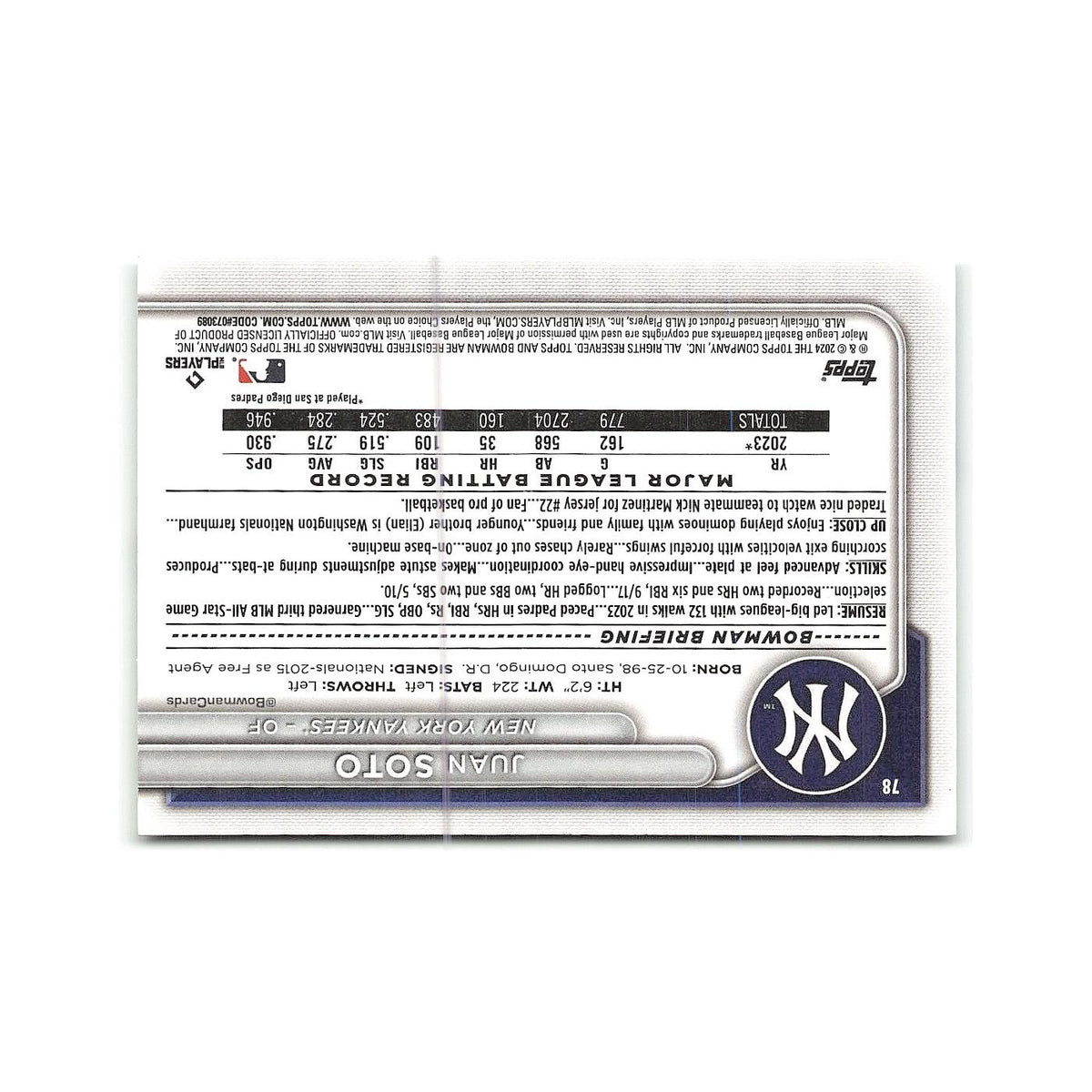 Juan Soto 2024 Bowman #78 New York Yankees Baseball Card NM