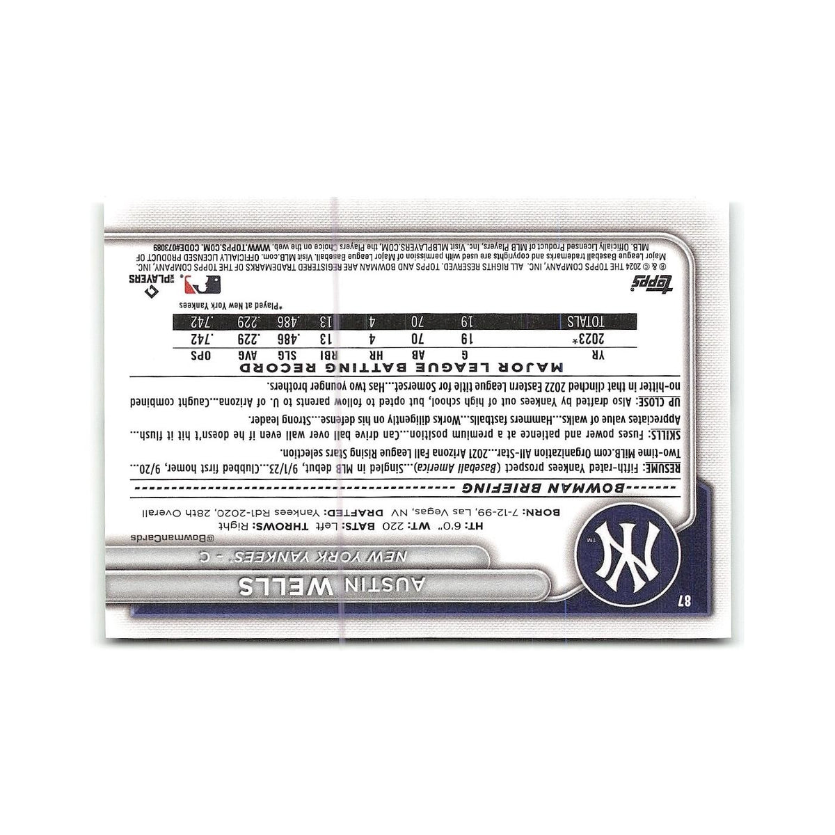 Austin Wells 2024 Bowman #87 New York Yankees Baseball Card NM