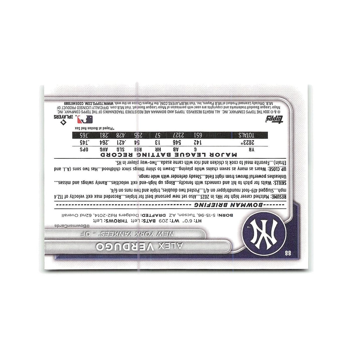 Alex Verdugo 2024 Bowman #88 New York Yankees Baseball Card NM