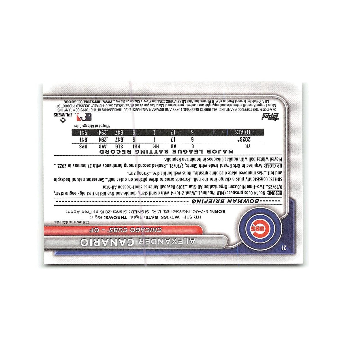 Alexander Canario Rookie 2024 Bowman #21 Chicago Cubs Baseball Card NM