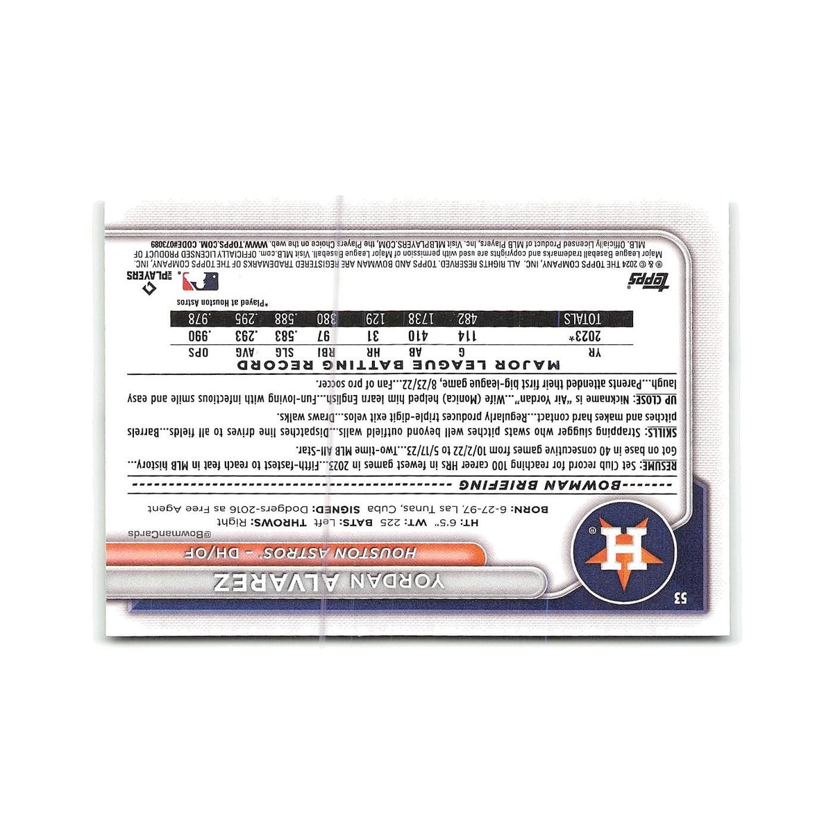 Yordan Alvarez 2024 Bowman #53 Houston Astros Baseball Card NM