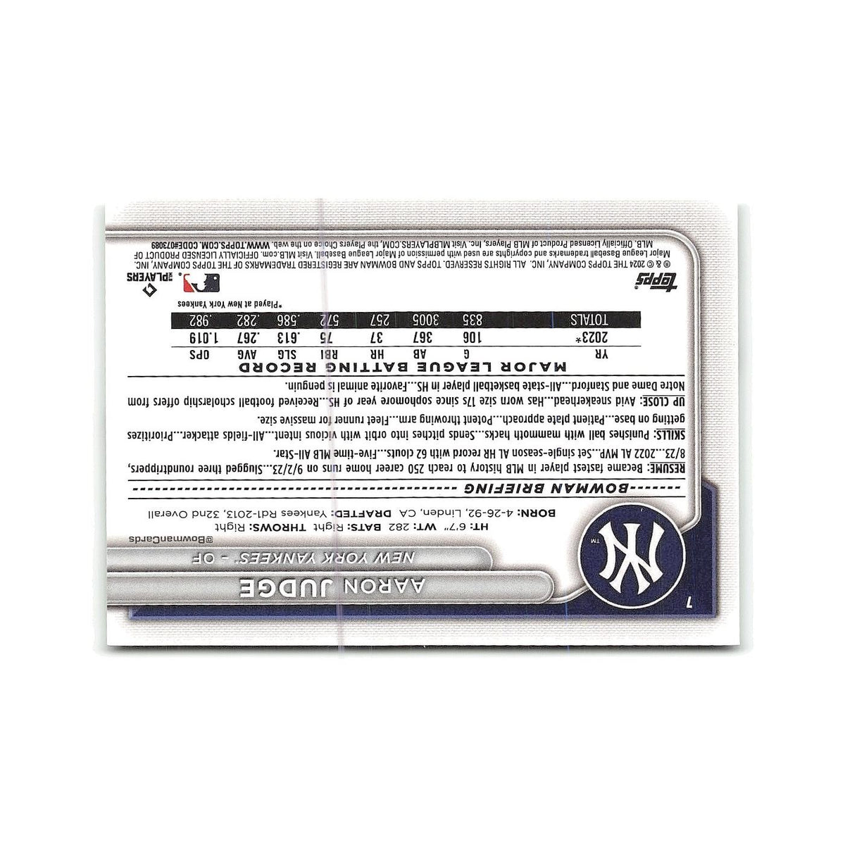 Aaron Judge 2024 Bowman #7 New York Yankees Baseball Card NM