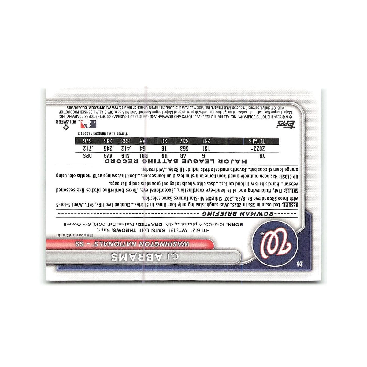 CJ Abrams 2024 Bowman #26 Washington Nationals Baseball Card NM