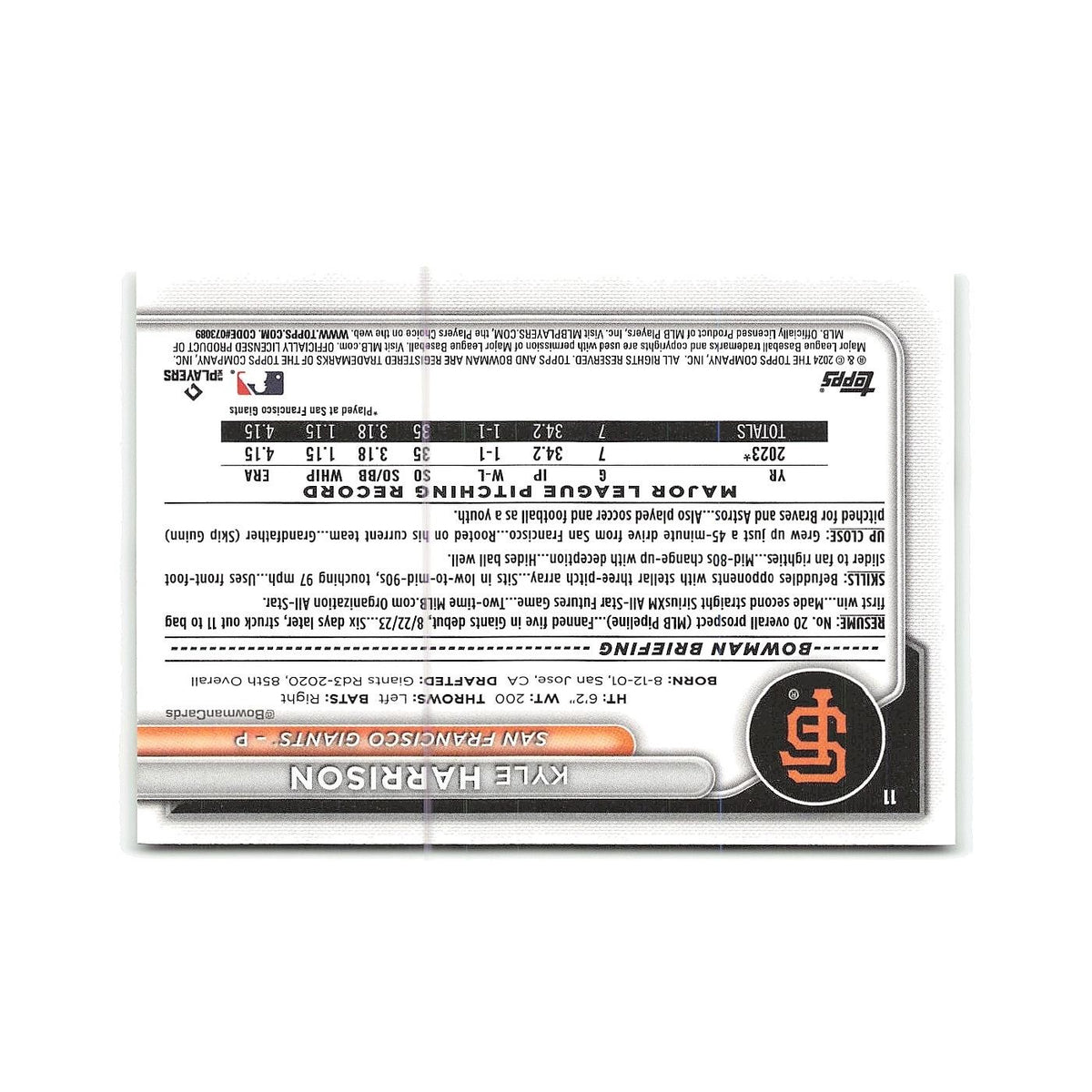 Kyle Harrison 2024 Bowman #11 San Francisco Giants Baseball Card NM
