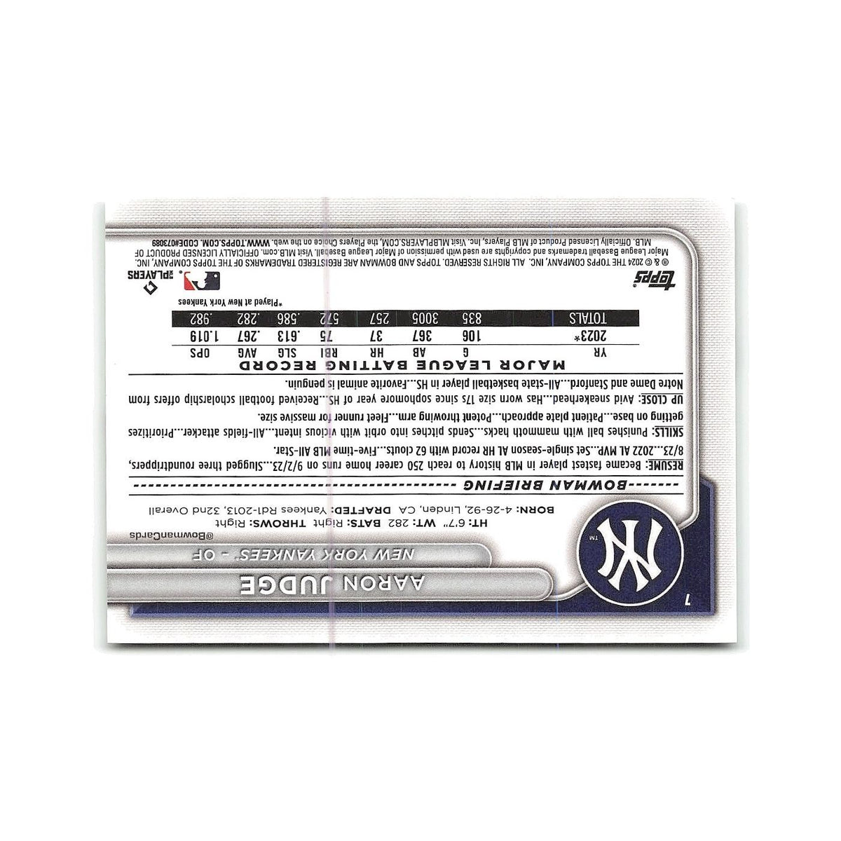 Aaron Judge 2024 Bowman #7 New York Yankees Baseball Card NM