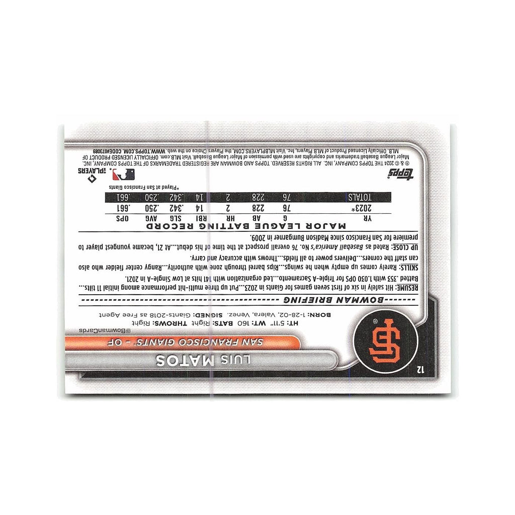 Luis Matos Rookie 2024 Bowman #12 San Francisco Giants Baseball Card NM