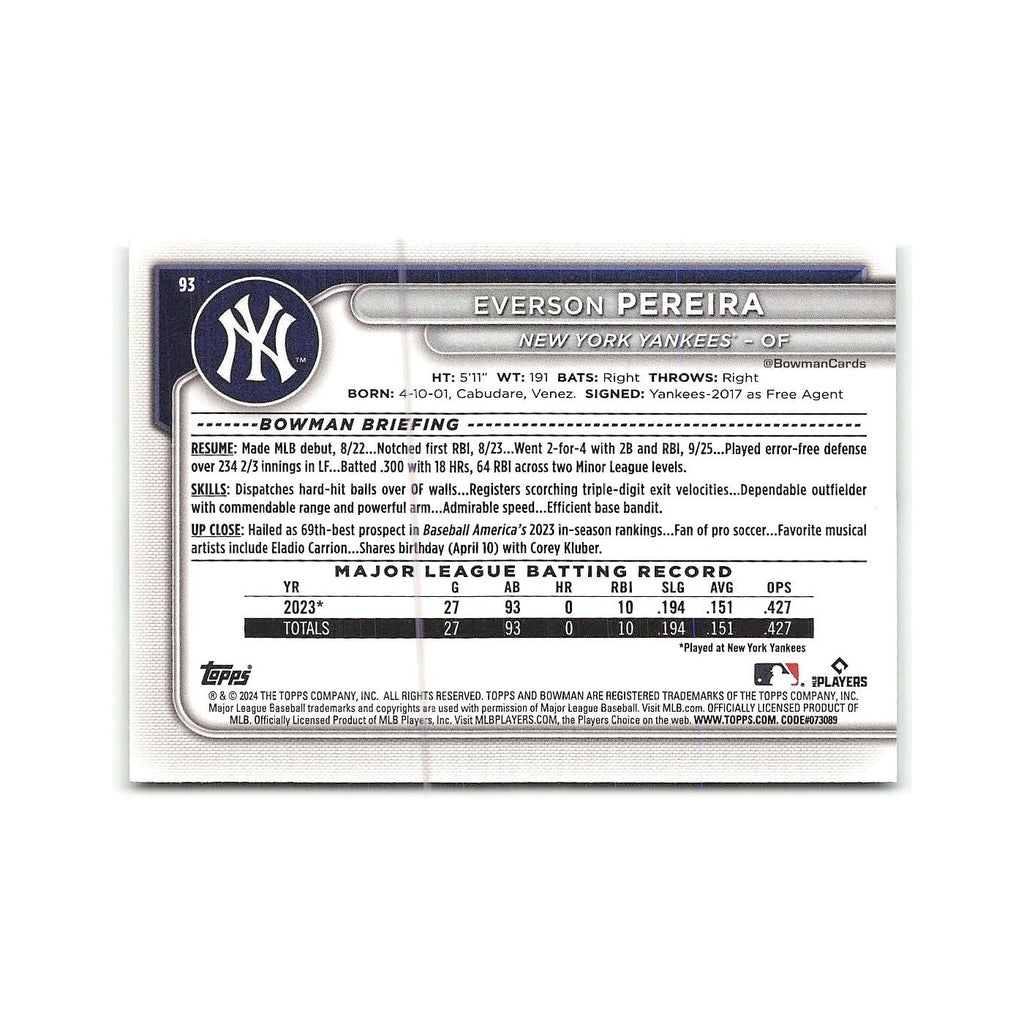 Everson Pereira Rookie 2024 Bowman #93 New York Yankees Baseball Card NM