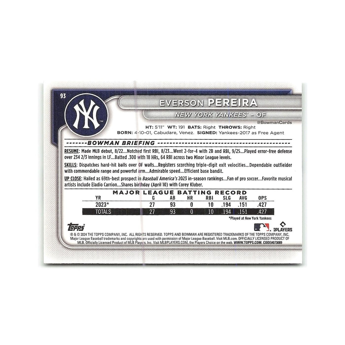 Everson Pereira Rookie 2024 Bowman #93 New York Yankees Baseball Card NM