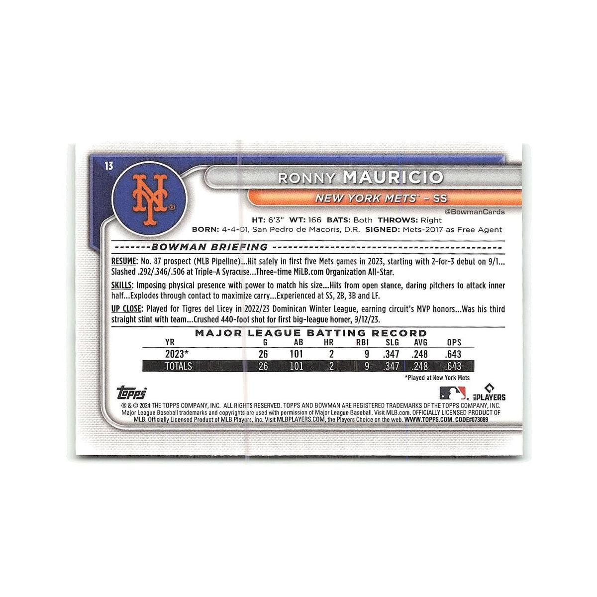 Ronny Mauricio Rookie 2024 Bowman #13 New York Mets Baseball Card NM