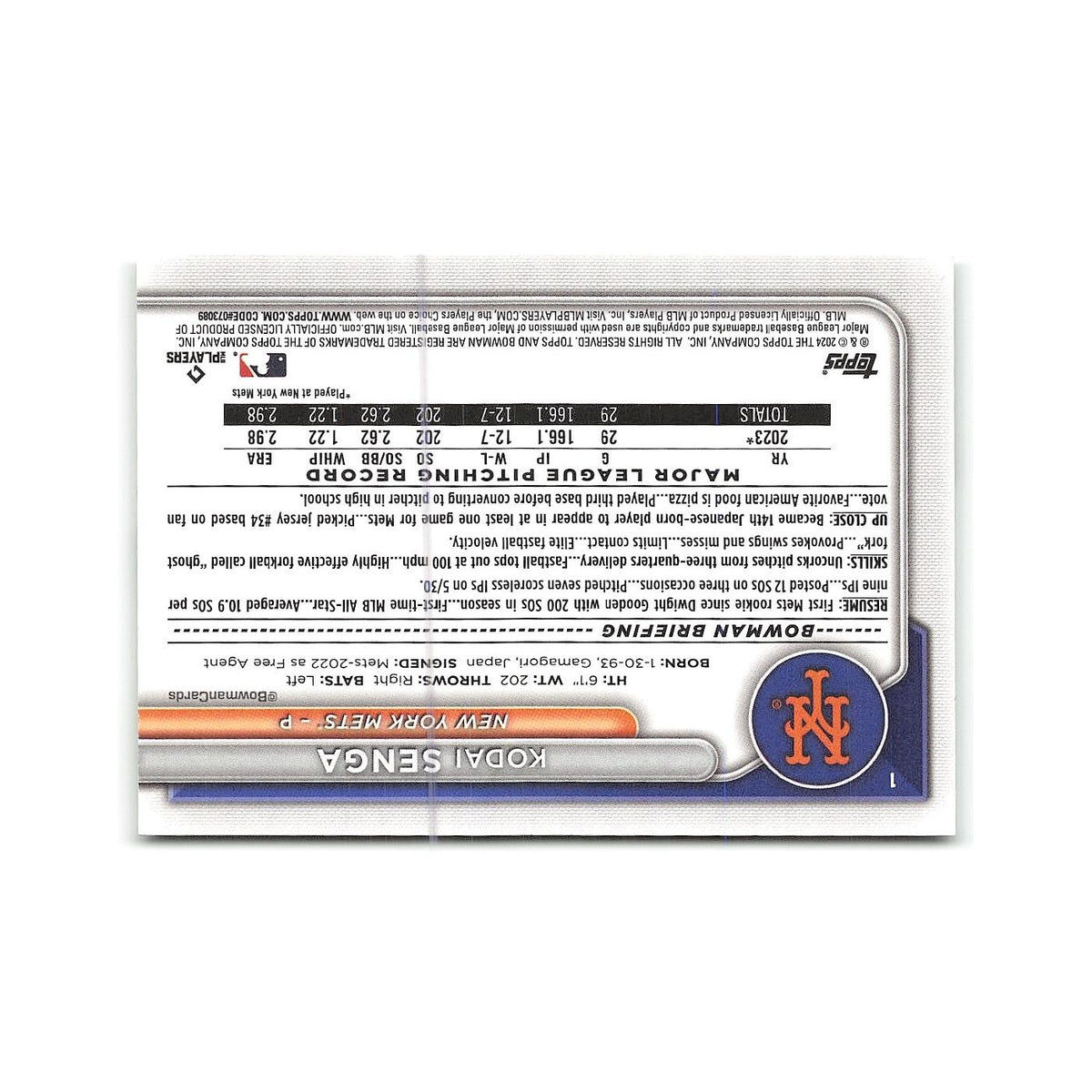 Kodai Senga 2024 Bowman #1 New York Mets Baseball Card NM
