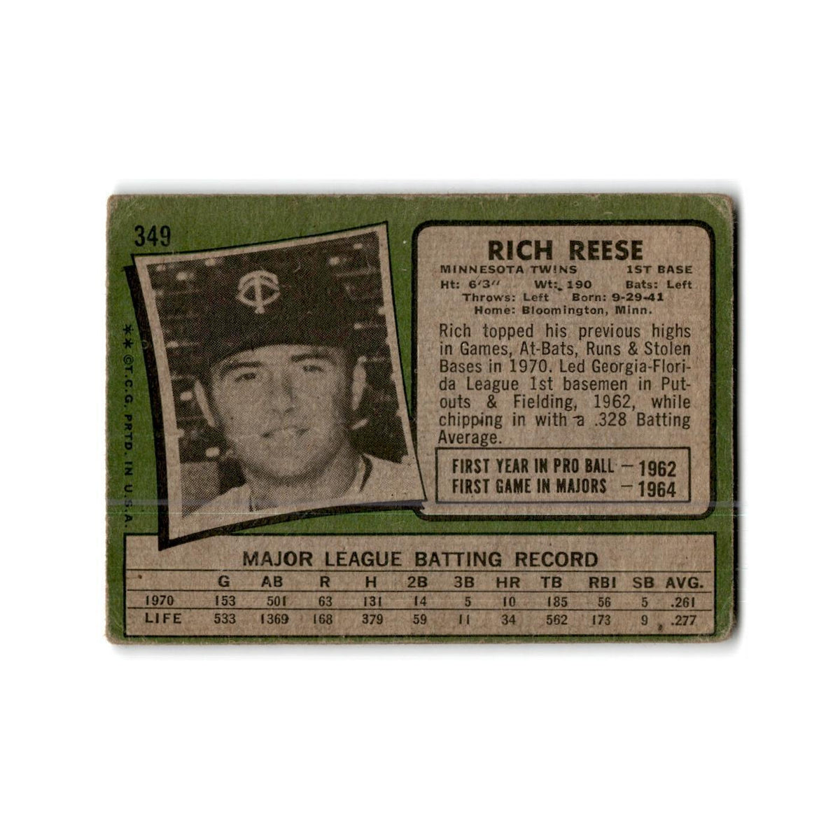 Rich Reese 1971 Topps #349 Minnesota Twins Baseball Card Poor