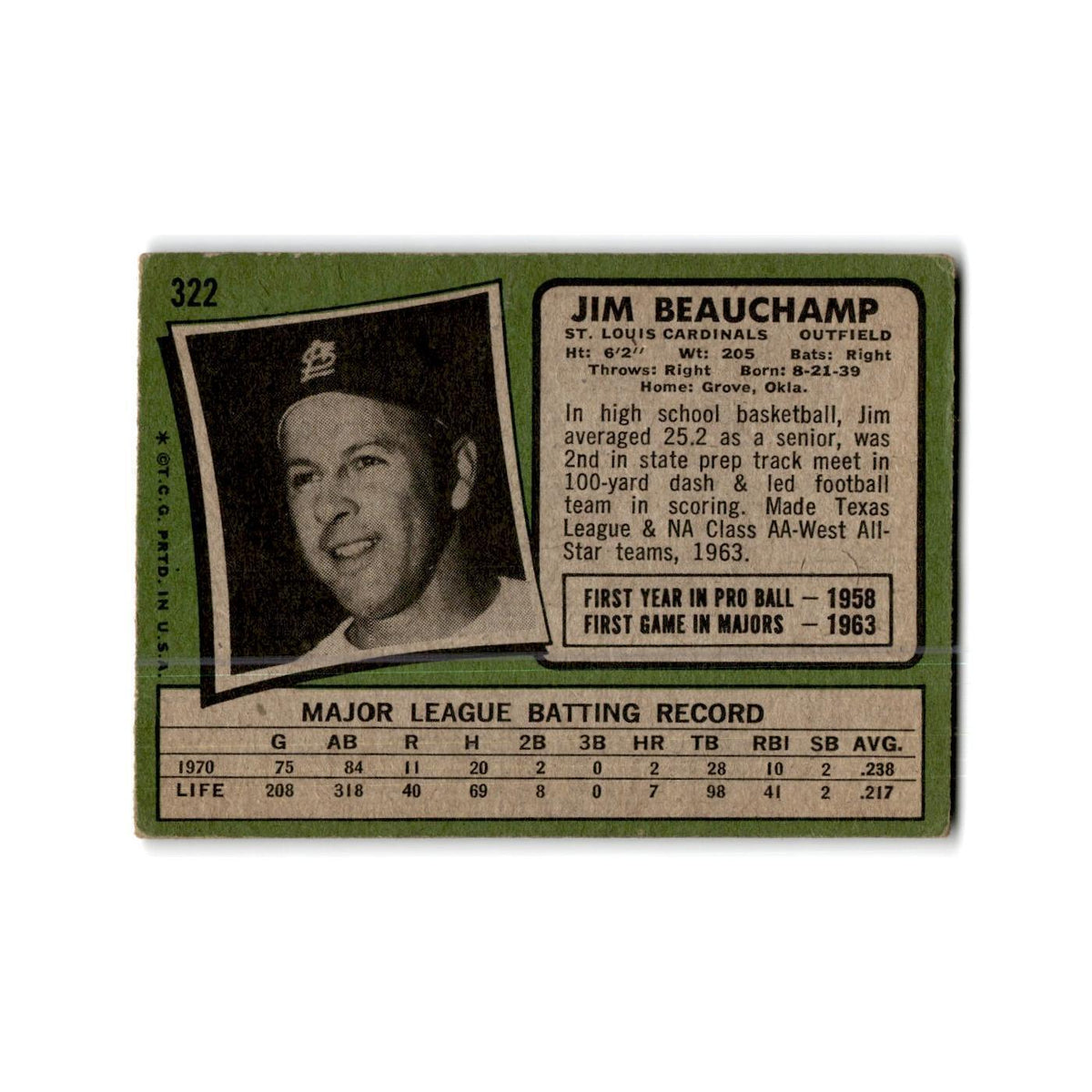 Jim Beauchamp 1971 Topps #322 St. Louis Cardinals Baseball Card Poor