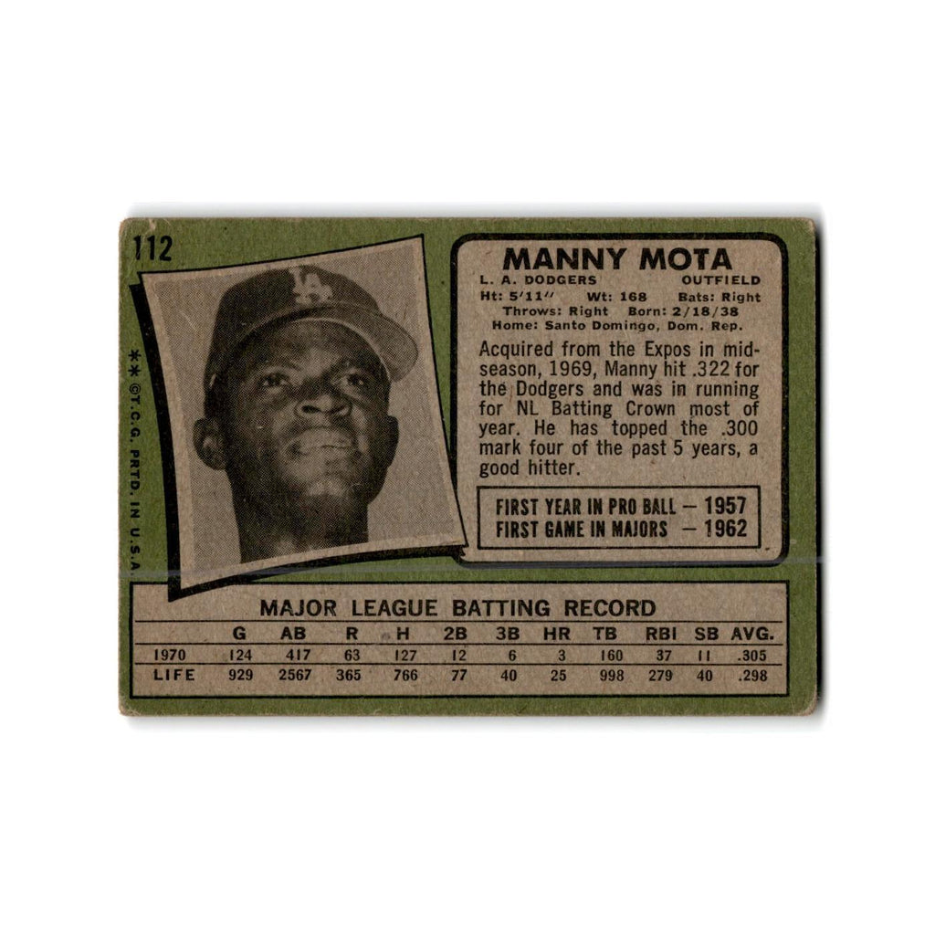 Manny Mota 1971 Topps #112 Los Angeles Dodgers Baseball Card Poor