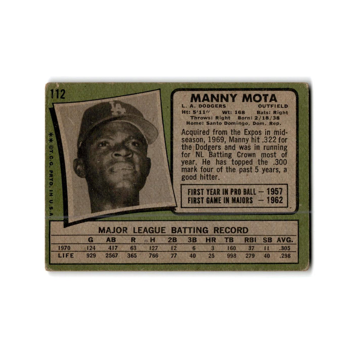 Manny Mota 1971 Topps #112 Los Angeles Dodgers Baseball Card Poor