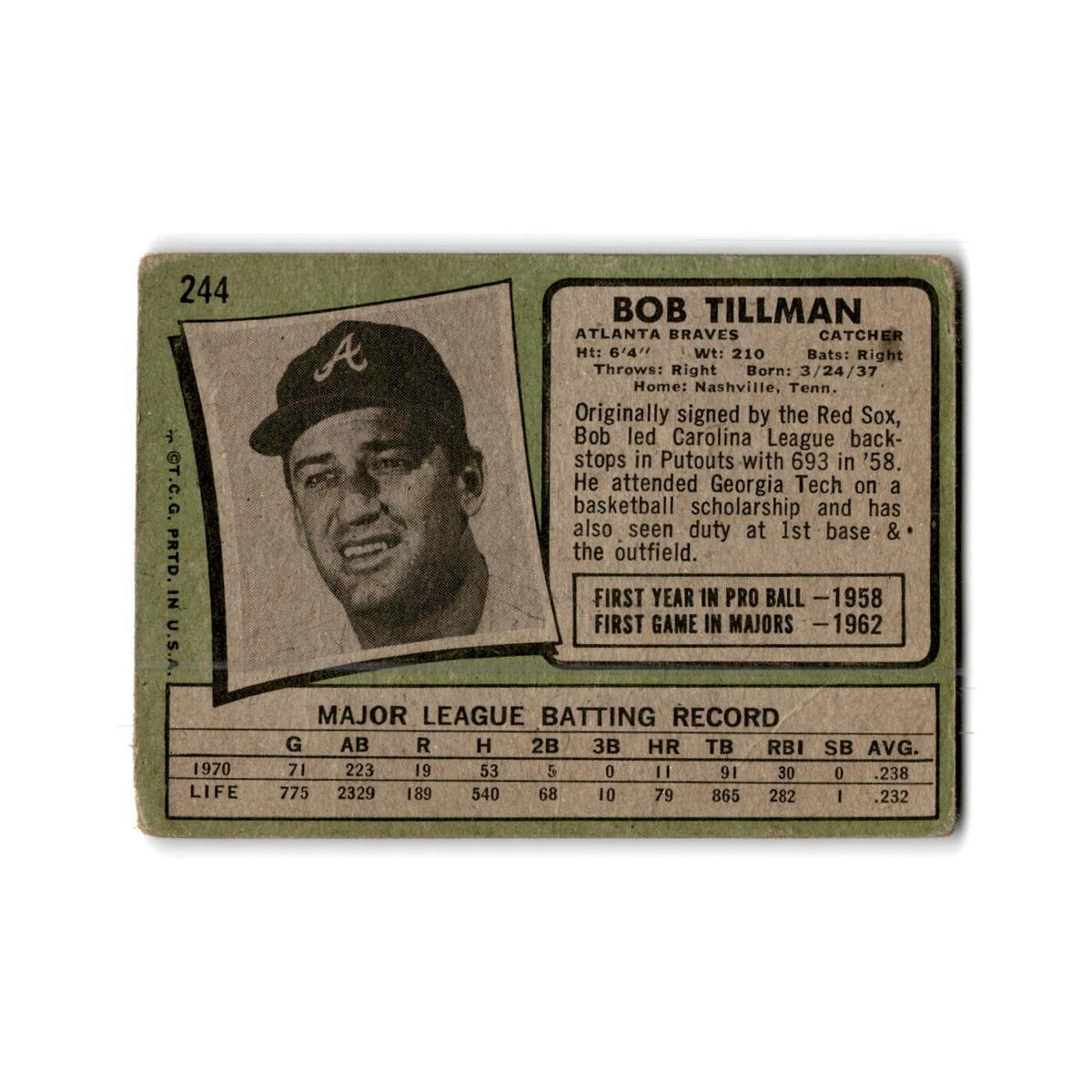 Bob Tillman 1971 Topps #244 Atlanta Braves Baseball Card Poor