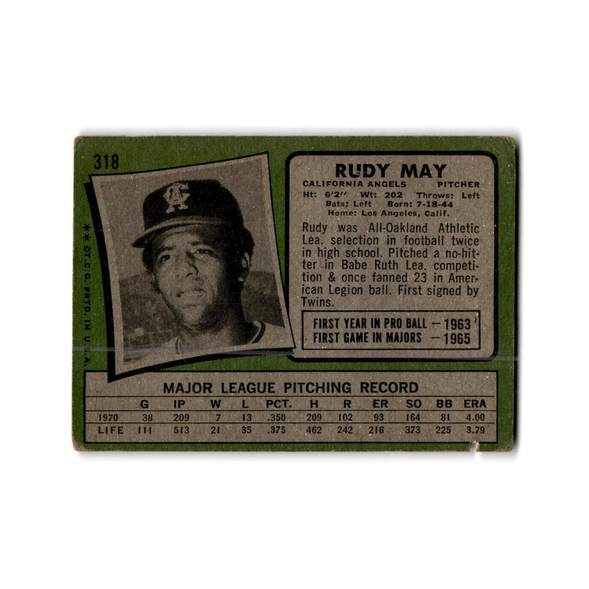 Rudy May 1971 Topps #318 California Angels Baseball Card Poor