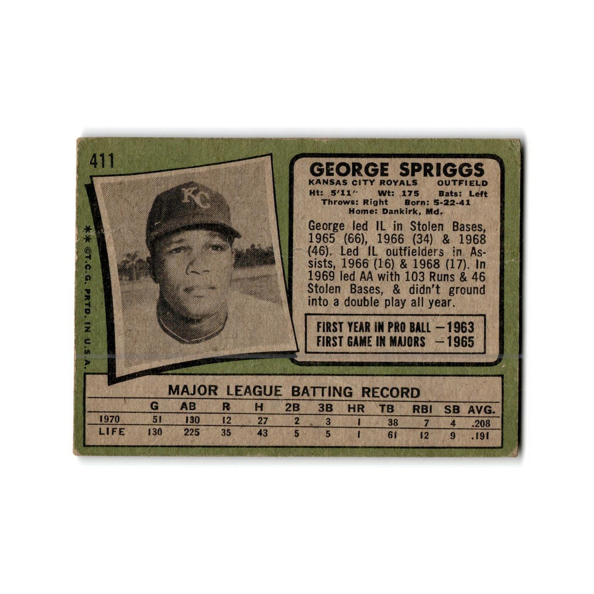 George Spriggs 1971 Topps #411 Kansas City Royals Baseball Card Poor