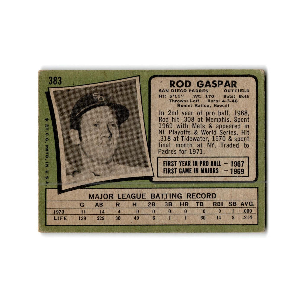 Rod Gaspar 1971 Topps #383 San Diego Padres Baseball Card Poor