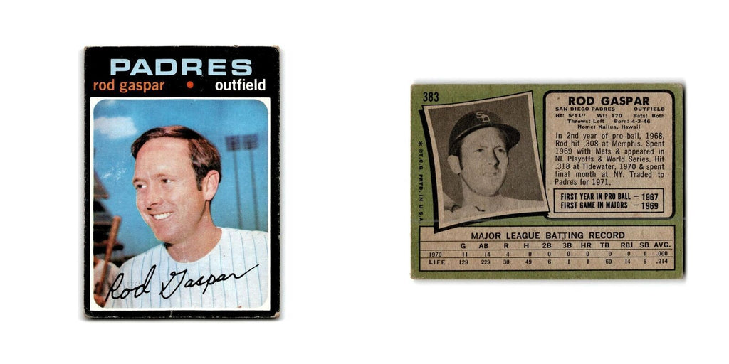 Rod Gaspar 1971 Topps #383 San Diego Padres Baseball Card Poor