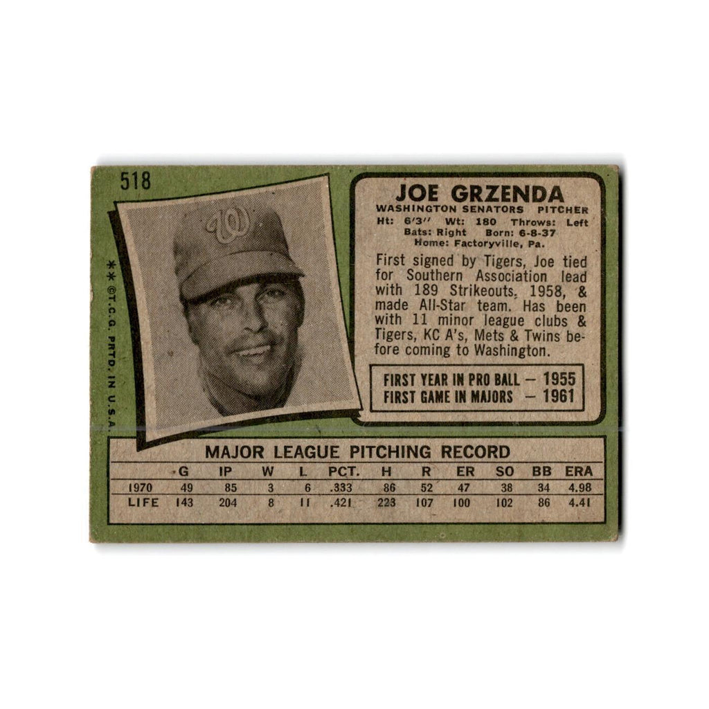 Joe Grzenda 1971 Topps #518 Washington Senators Baseball Card Poor