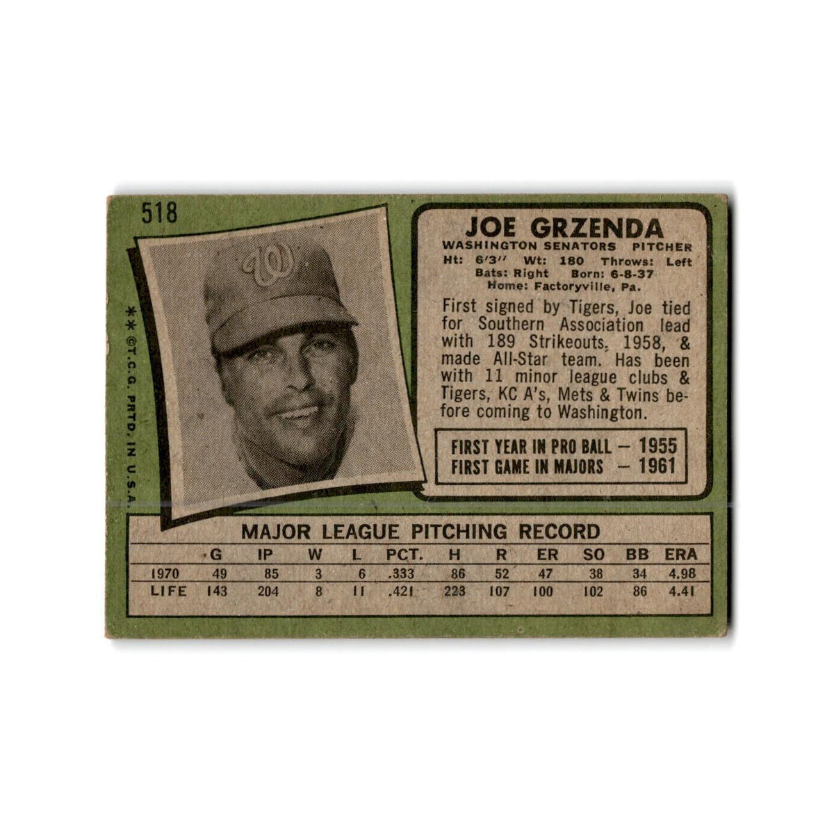 Joe Grzenda 1971 Topps #518 Washington Senators Baseball Card Poor