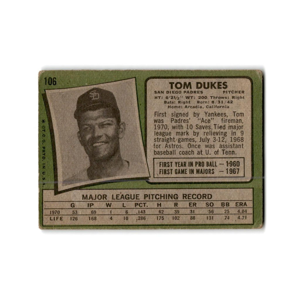 Tom Dukes 1971 Topps #106 San Diego Padres Baseball Card Poor