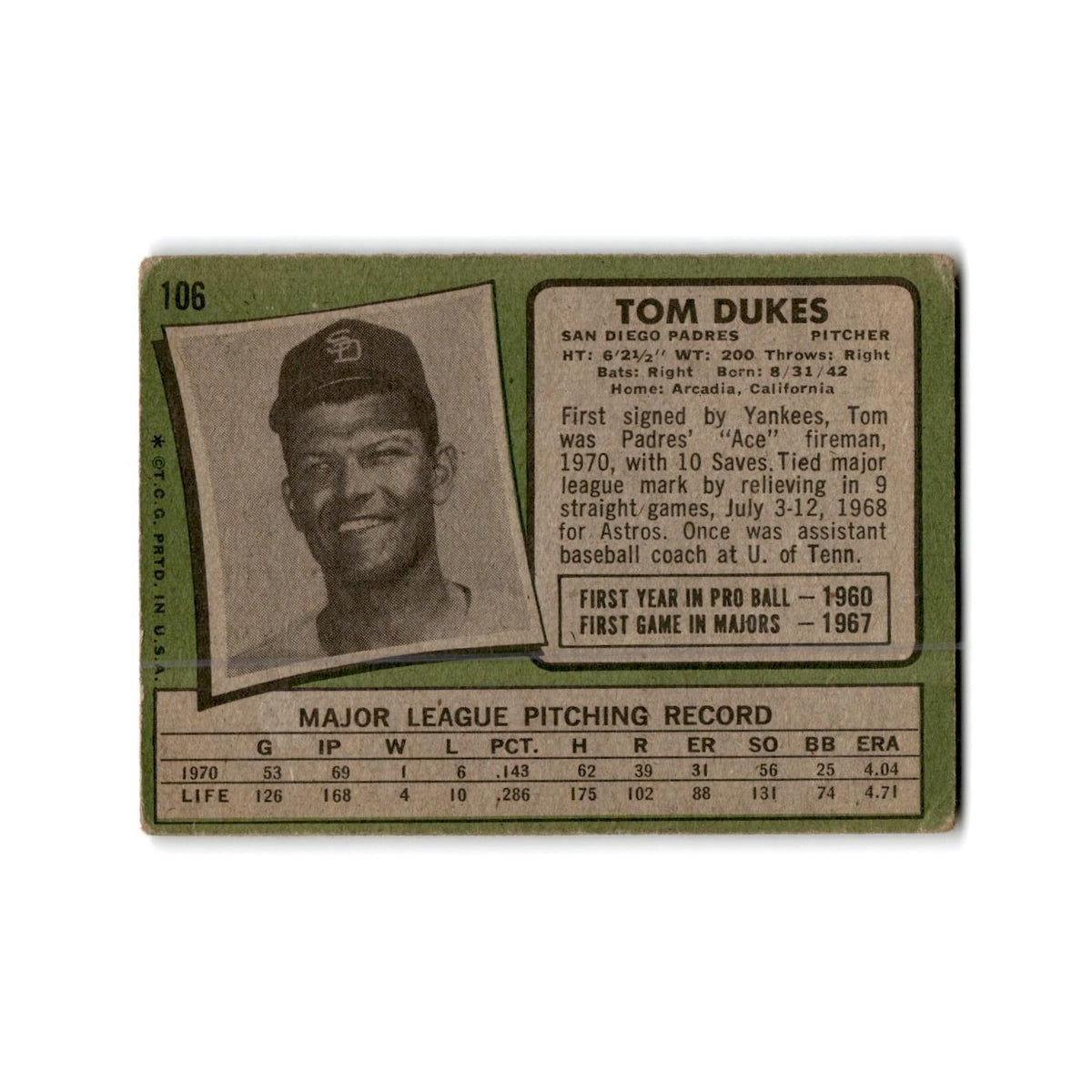 Tom Dukes 1971 Topps #106 San Diego Padres Baseball Card Poor