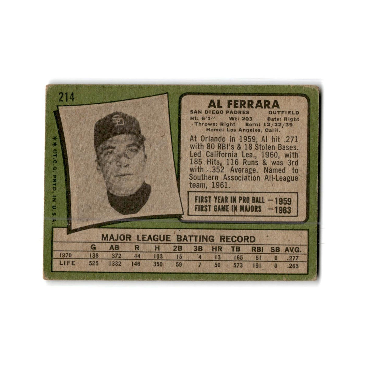 Al Ferrara 1971 Topps #214 San Diego Padres Baseball Card Poor