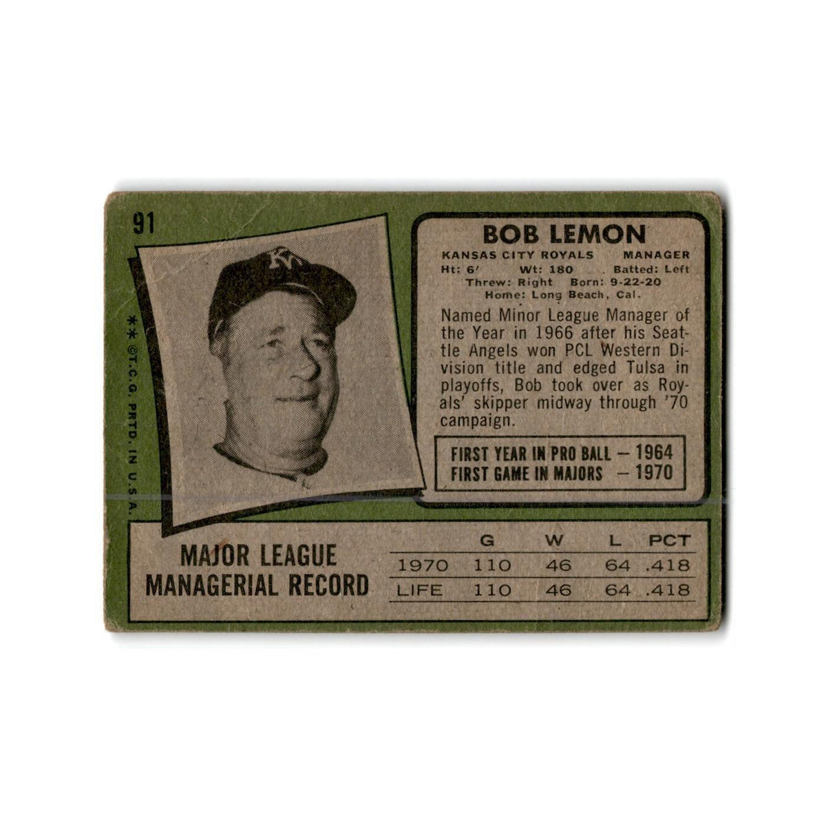 Bob Lemon 1971 Topps #91 Kansas City Royals Baseball Card Poor