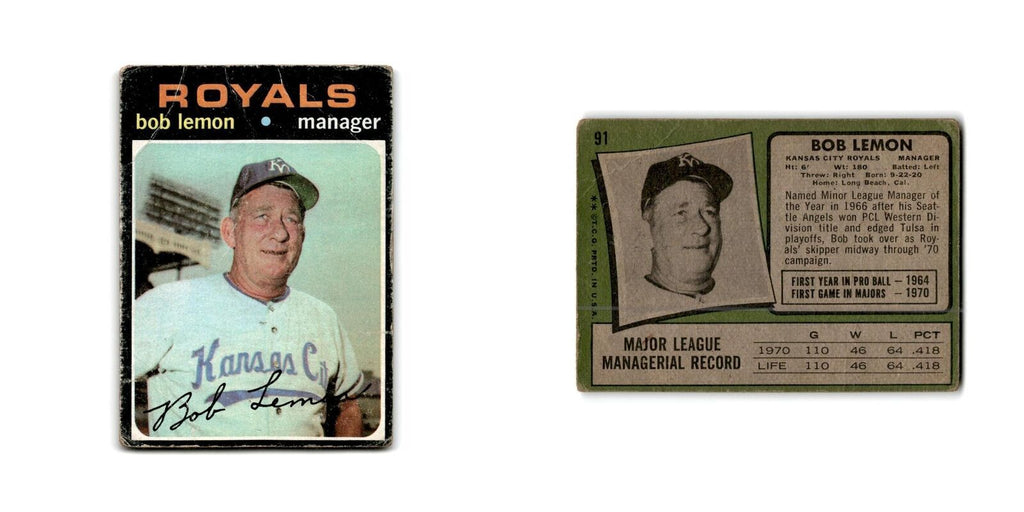 Bob Lemon 1971 Topps #91 Kansas City Royals Baseball Card Poor