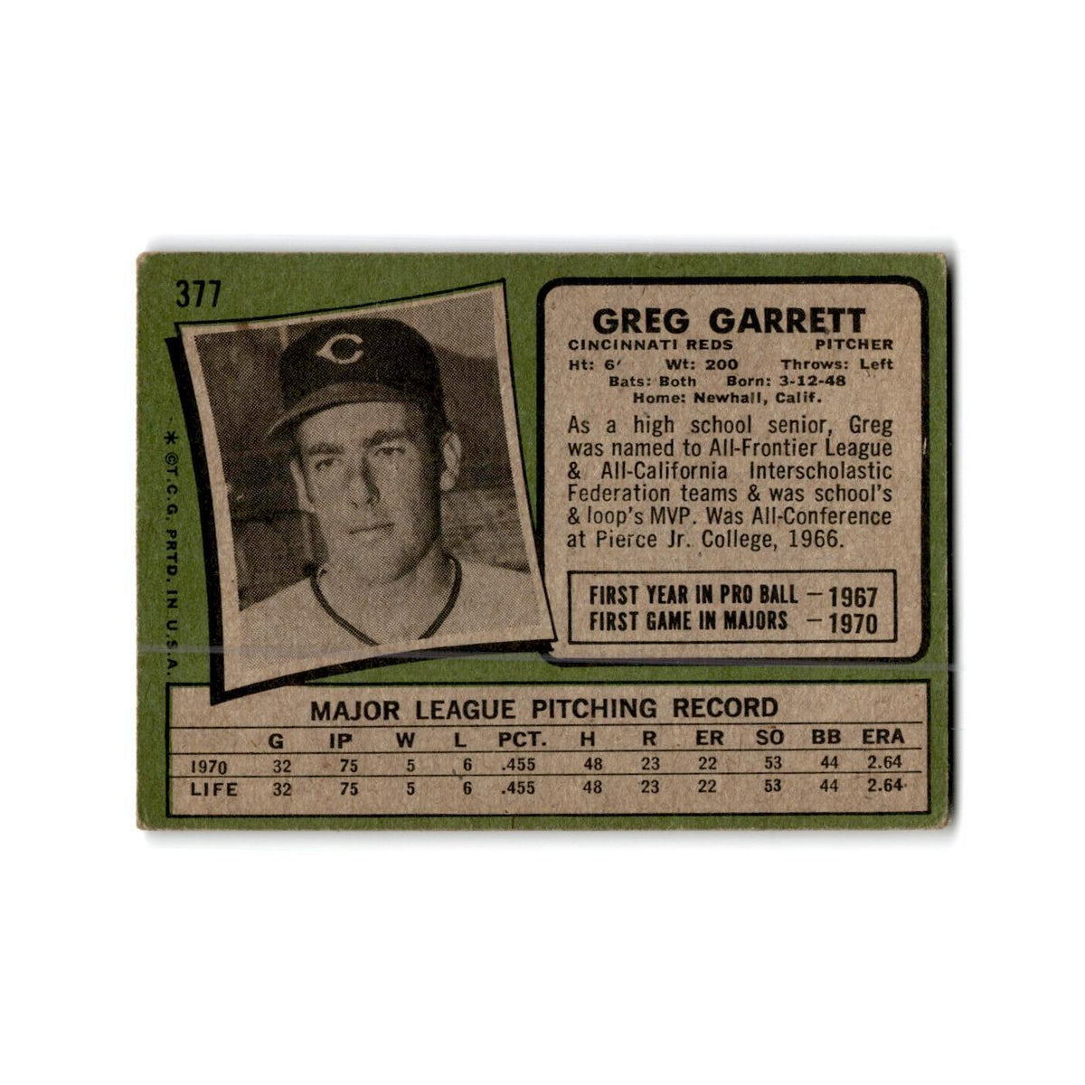 Greg Garrett 1971 Topps #377 Cincinnati Reds Baseball Card Poor