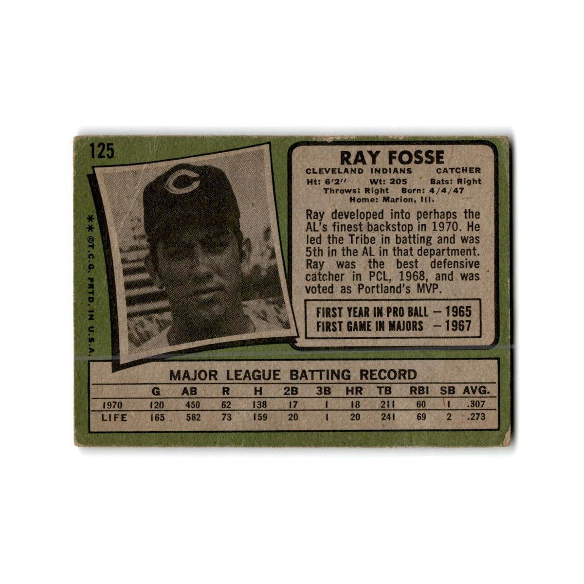 Ray Fosse 1971 Topps #125 Cleveland Indians Baseball Card Poor