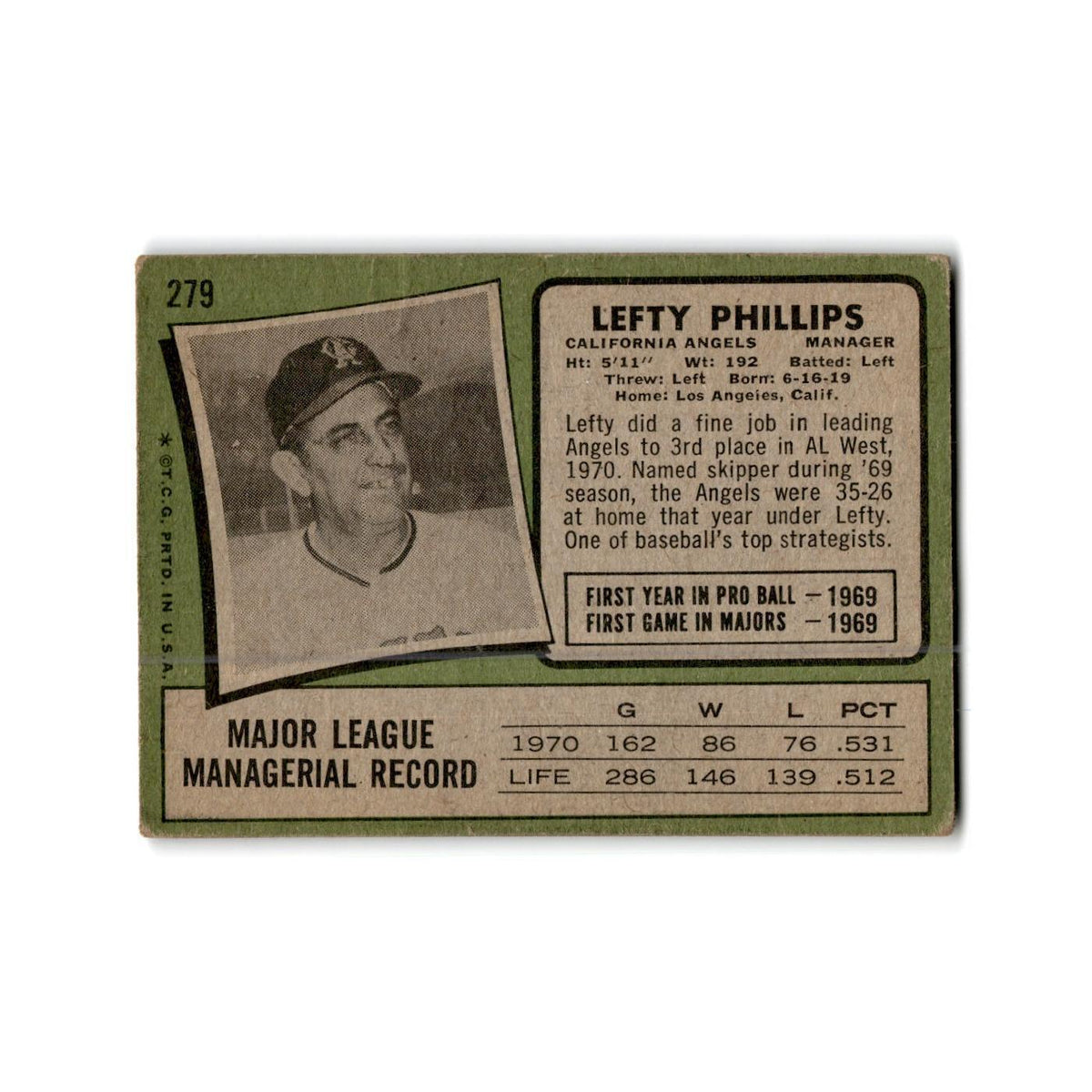 Lefty Phillips 1971 Topps #279 California Angels Baseball Card Poor
