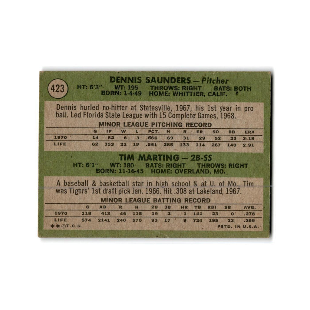Tigers Rookies - Dennis Saunders Tim Marting Rookie 1971 Topps #423 Tigers Poor