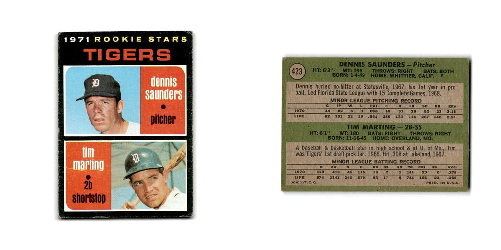 Tigers Rookies - Dennis Saunders Tim Marting Rookie 1971 Topps #423 Tigers Poor