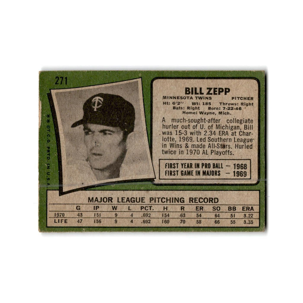 Bill Zepp 1971 Topps #271 Minnesota Twins Baseball Card Poor