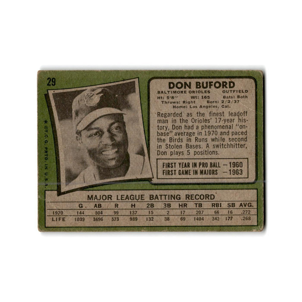 Don Buford 1971 Topps #29 Baltimore Orioles Baseball Card Poor