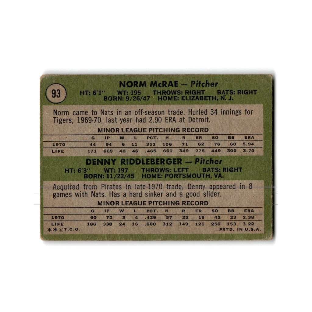 Senators Rookies - Norm McRae Denny Riddleberger Rookie 1971 Topps #93 Poor
