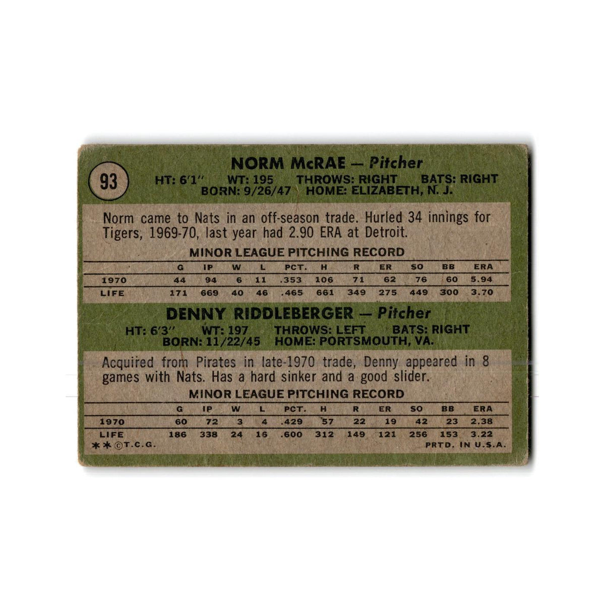 Senators Rookies - Norm McRae Denny Riddleberger Rookie 1971 Topps #93 Poor