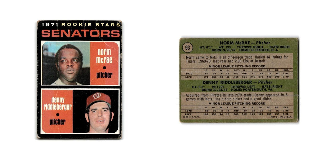 Senators Rookies - Norm McRae Denny Riddleberger Rookie 1971 Topps #93 Poor