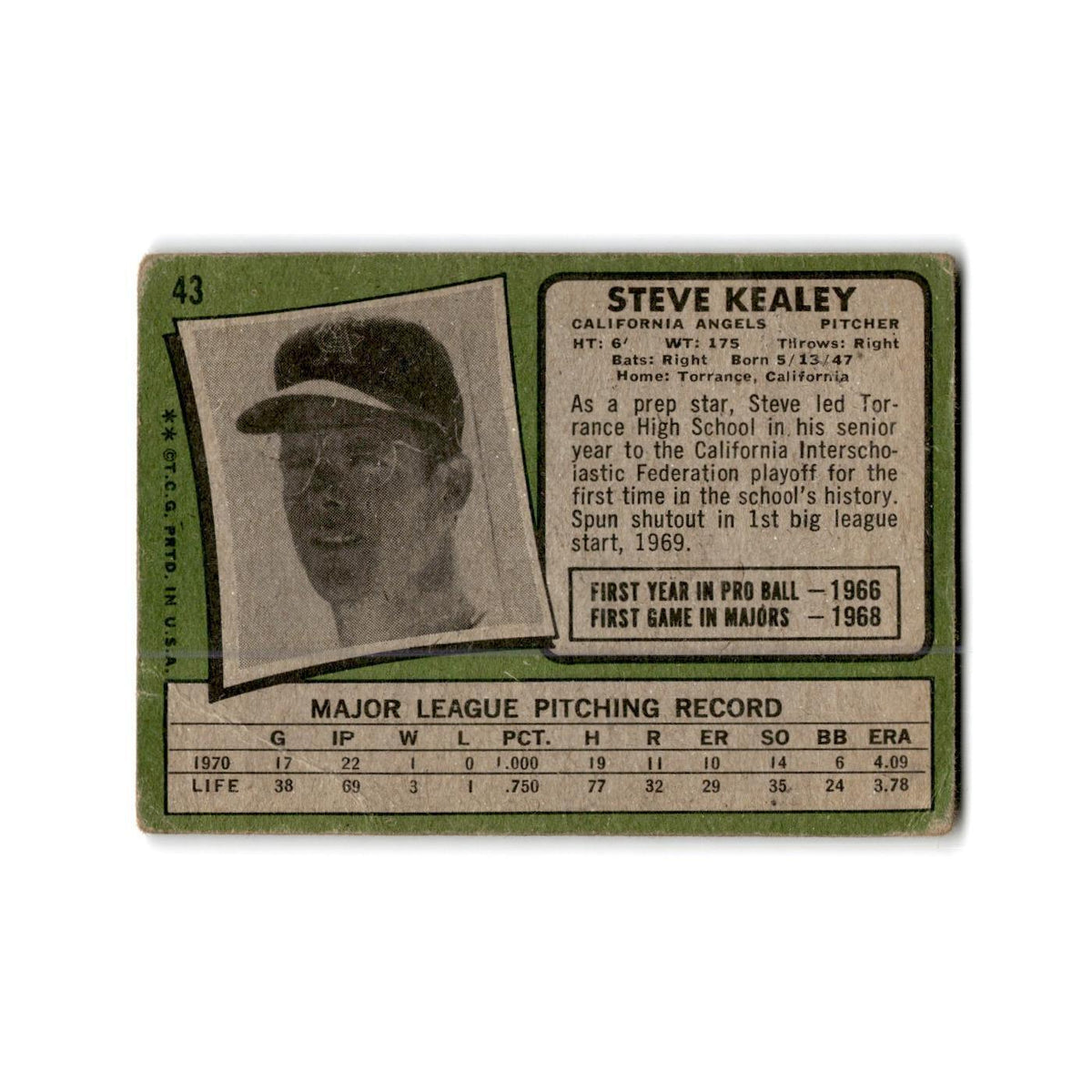 Steve Kealey 1971 Topps #43 California Angels Baseball Card Poor
