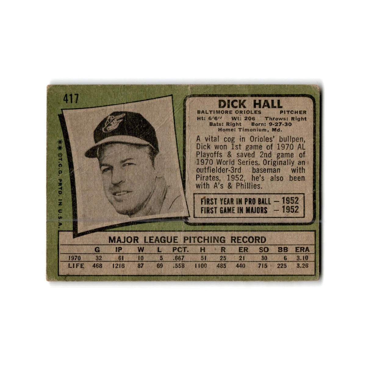 Dick Hall 1971 Topps #417 Baltimore Orioles Baseball Card Poor