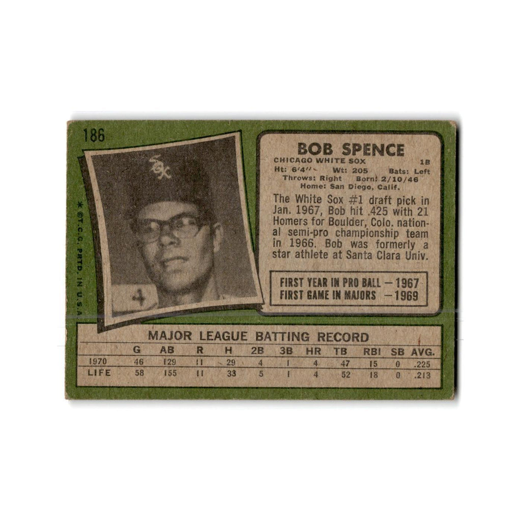 Bob Spence Rookie 1971 Topps #186 Chicago White Sox Baseball Card Poor