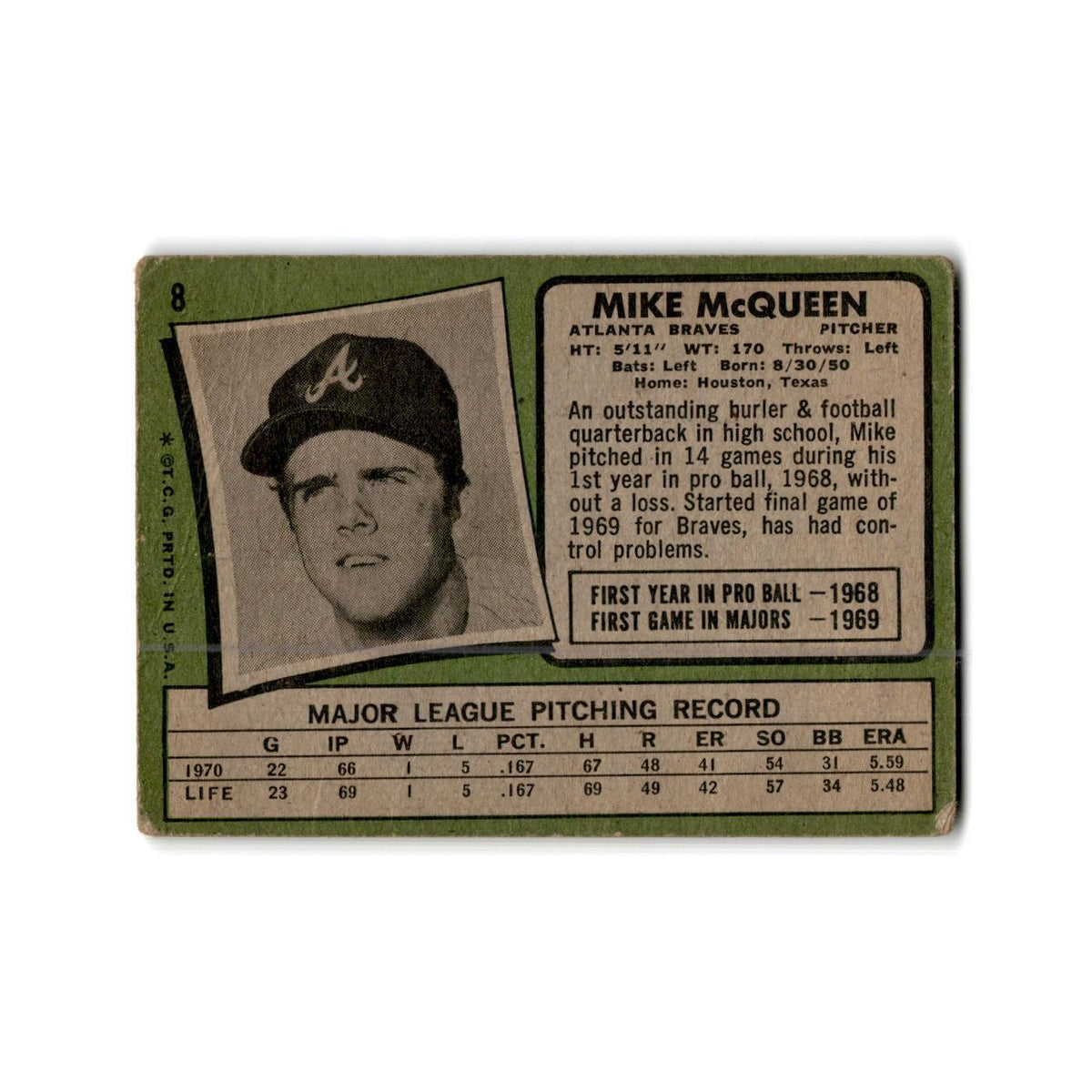 Mike McQueen 1971 Topps #8 Atlanta Braves Baseball Card Poor