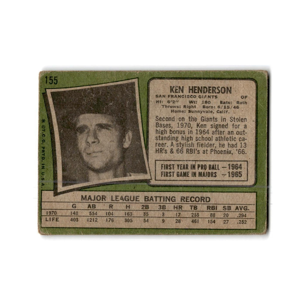 Ken Henderson 1971 Topps #155 San Francisco Giants Baseball Card Poor